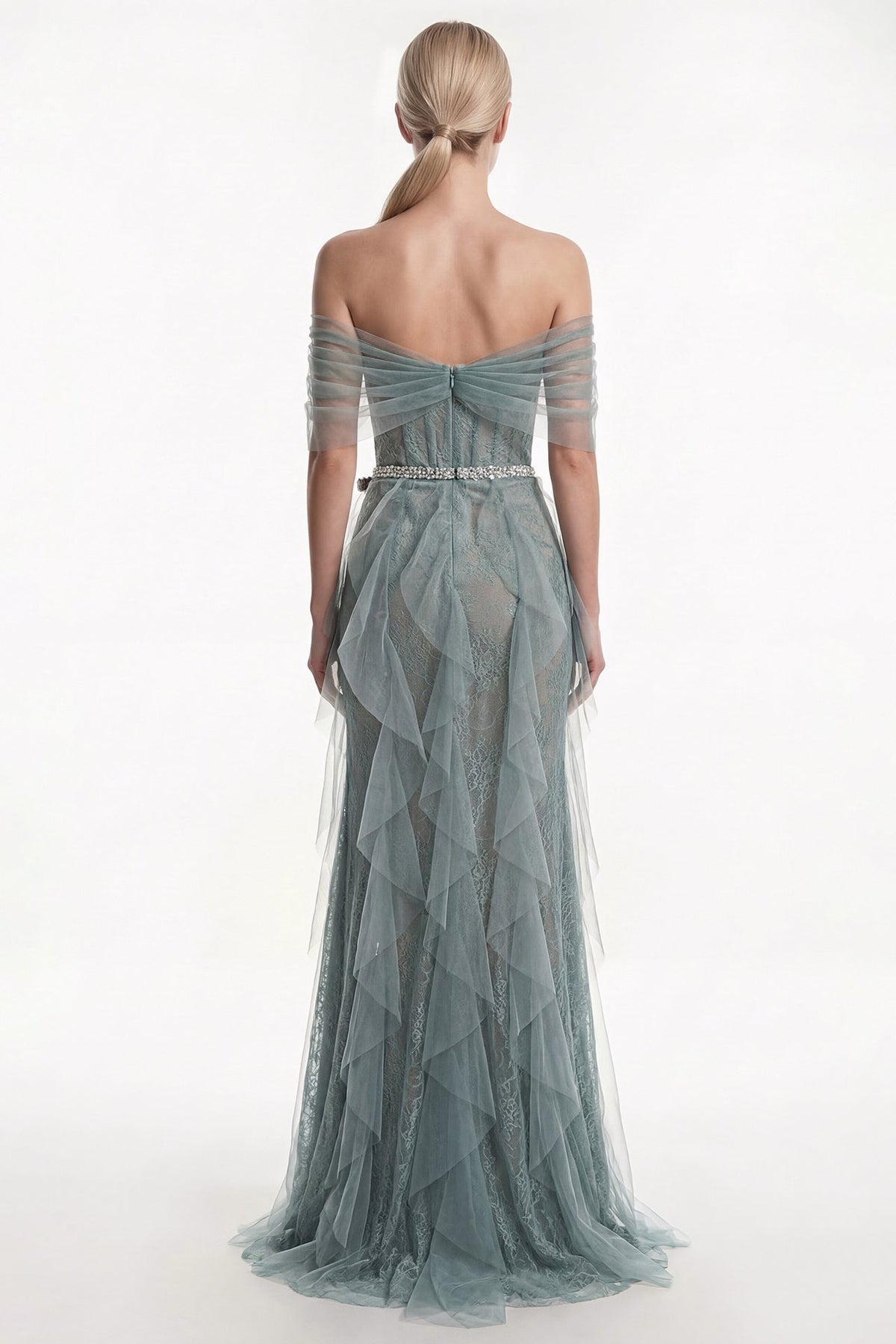 Off-Shoulder Lace Ruffle Gown