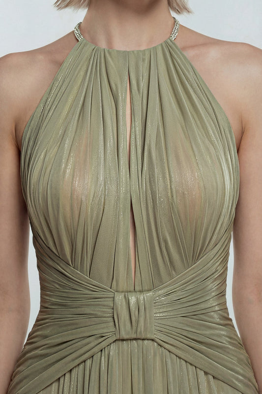 Pleated Chiffon Halter Gown