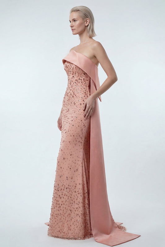 Strapless Crystal Satin-Fold Gown