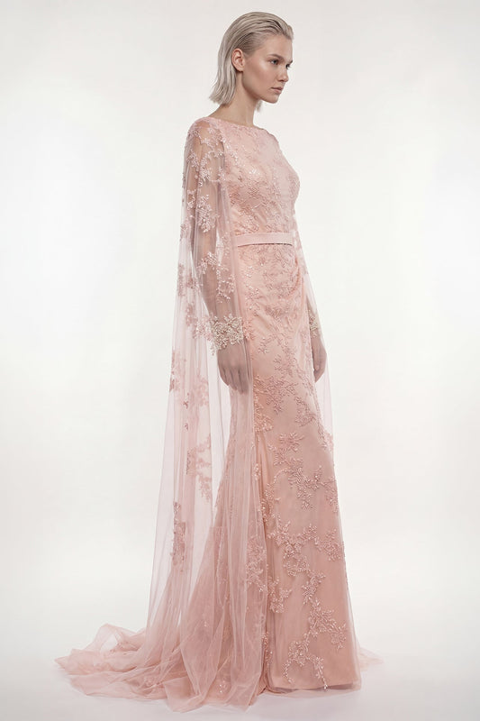 Embroidered Tulle Cape Gown