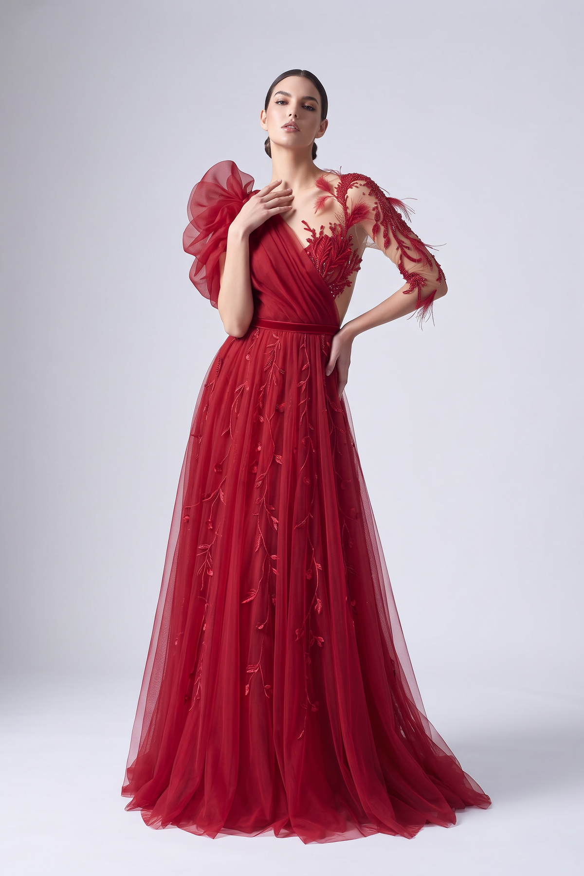 Rosette Shoulder Tulle Gown