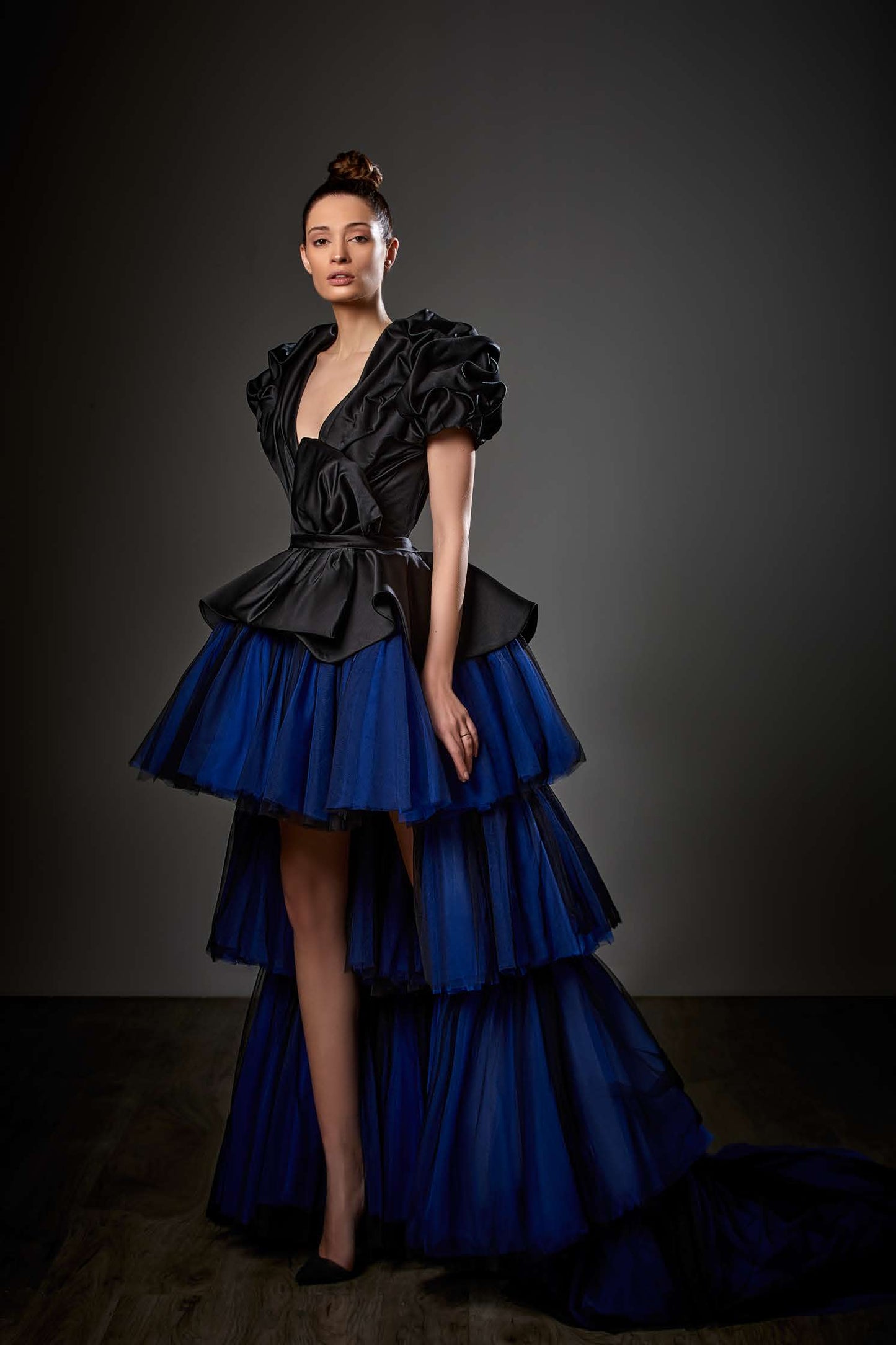 Satin and Tulle Peplum High-Low Gown