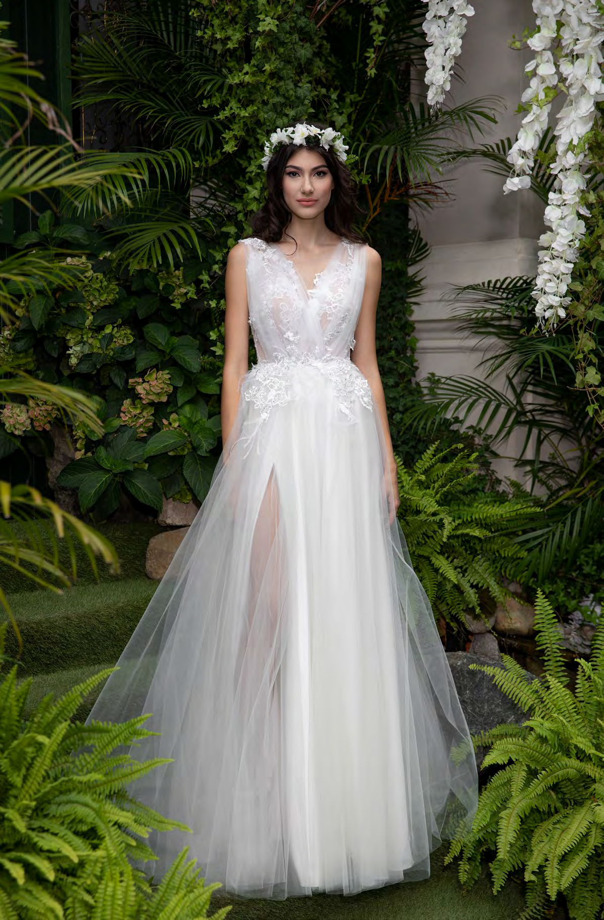 Sleeveless Tulle Gown with Slit