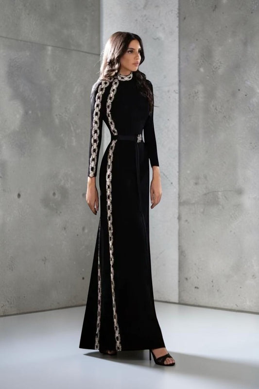 Chain Embroidered Long Sleeve Gown