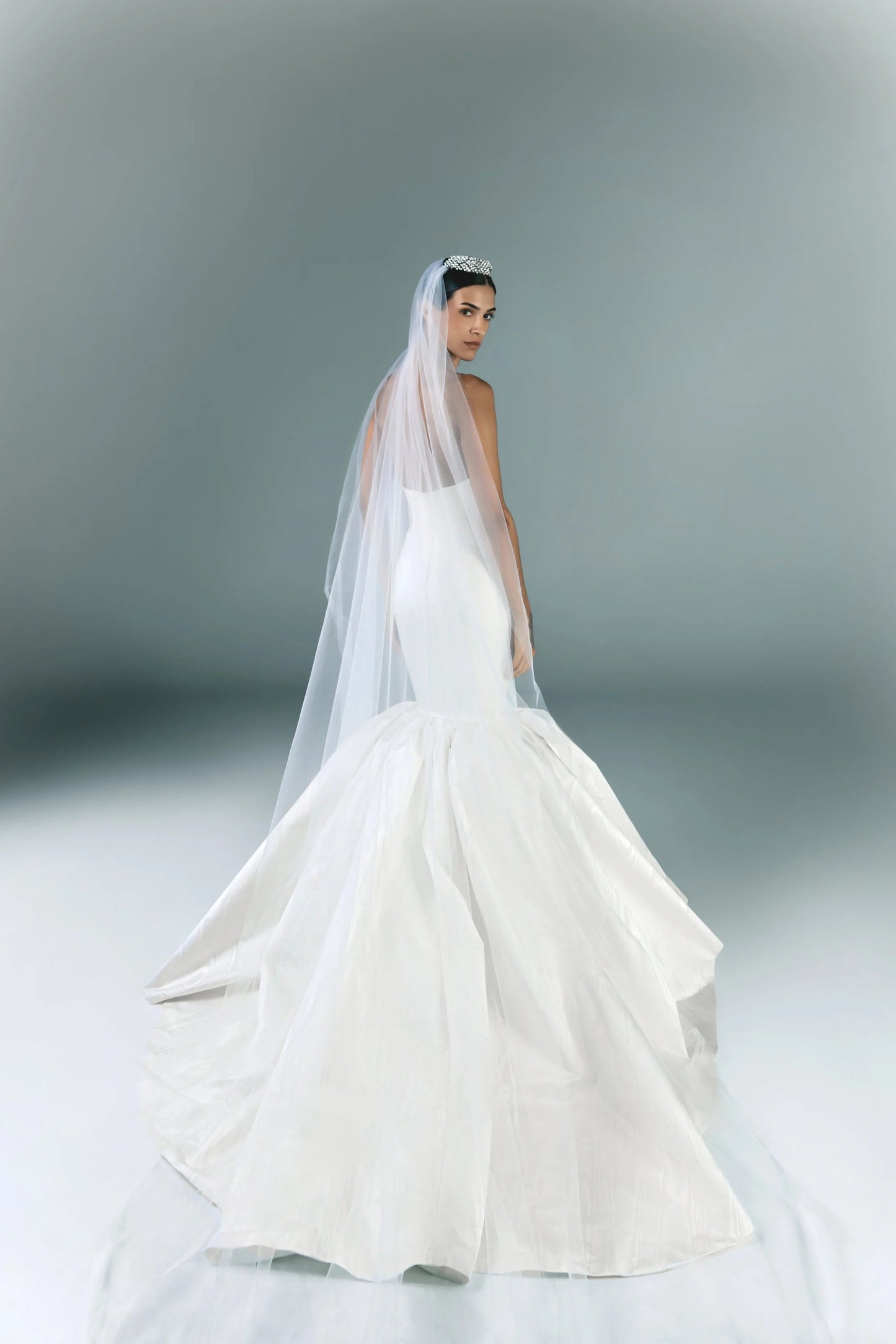 Long Embroidered Strapless Moire Bridal Dress
