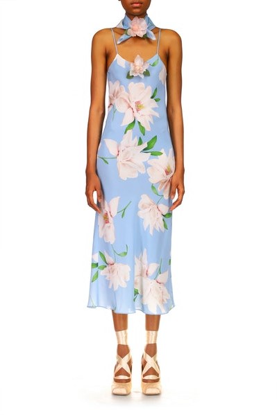 Floral Printed Silk Tea-Length Dress