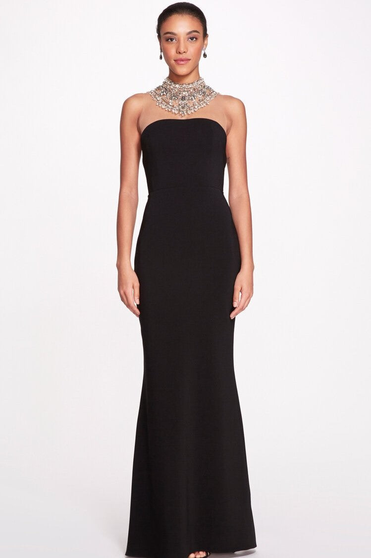 Marchesa Couture Illusion Tulle Yoke Stretch Crepe Gown
