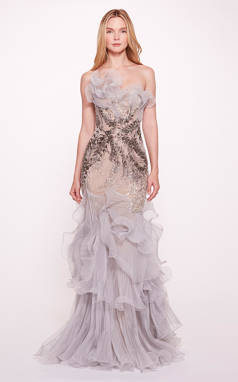 Strapless -Pleated Ruffle Gown