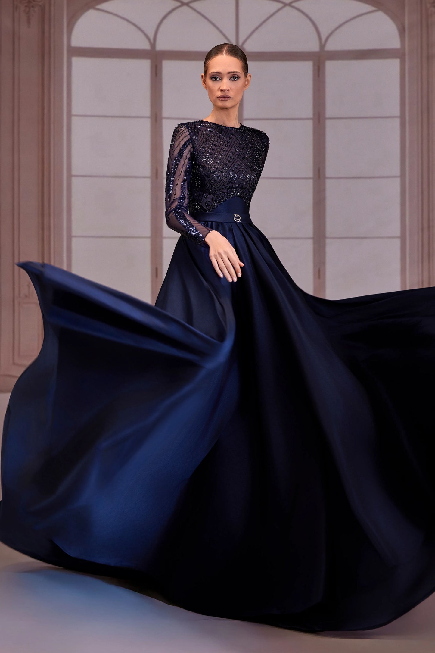 Navy Blue Dress with Beaded Bodice