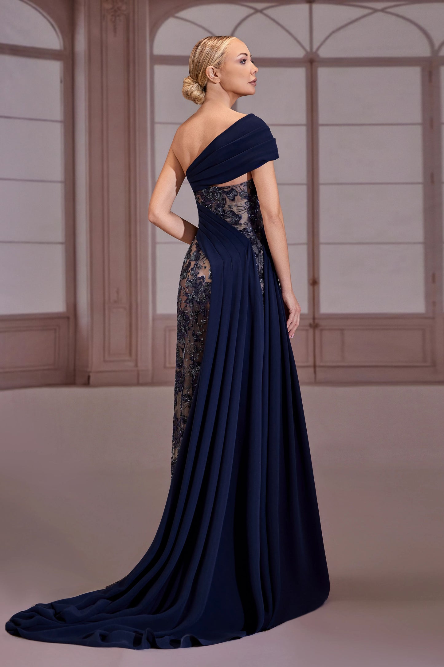 Navy Blue Embroidered Column Dress