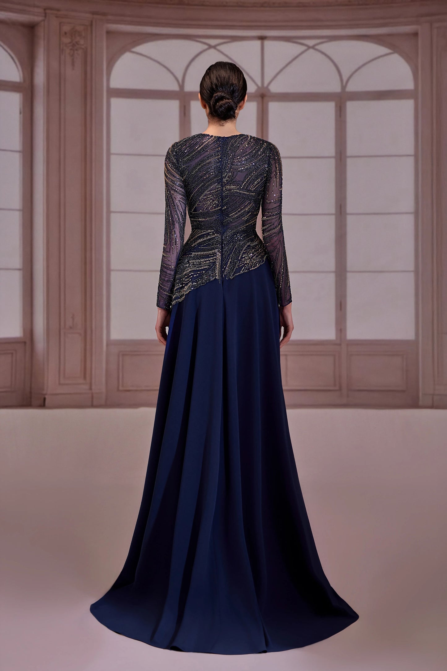 Navy Blue Long Sleeve Beaded Dress