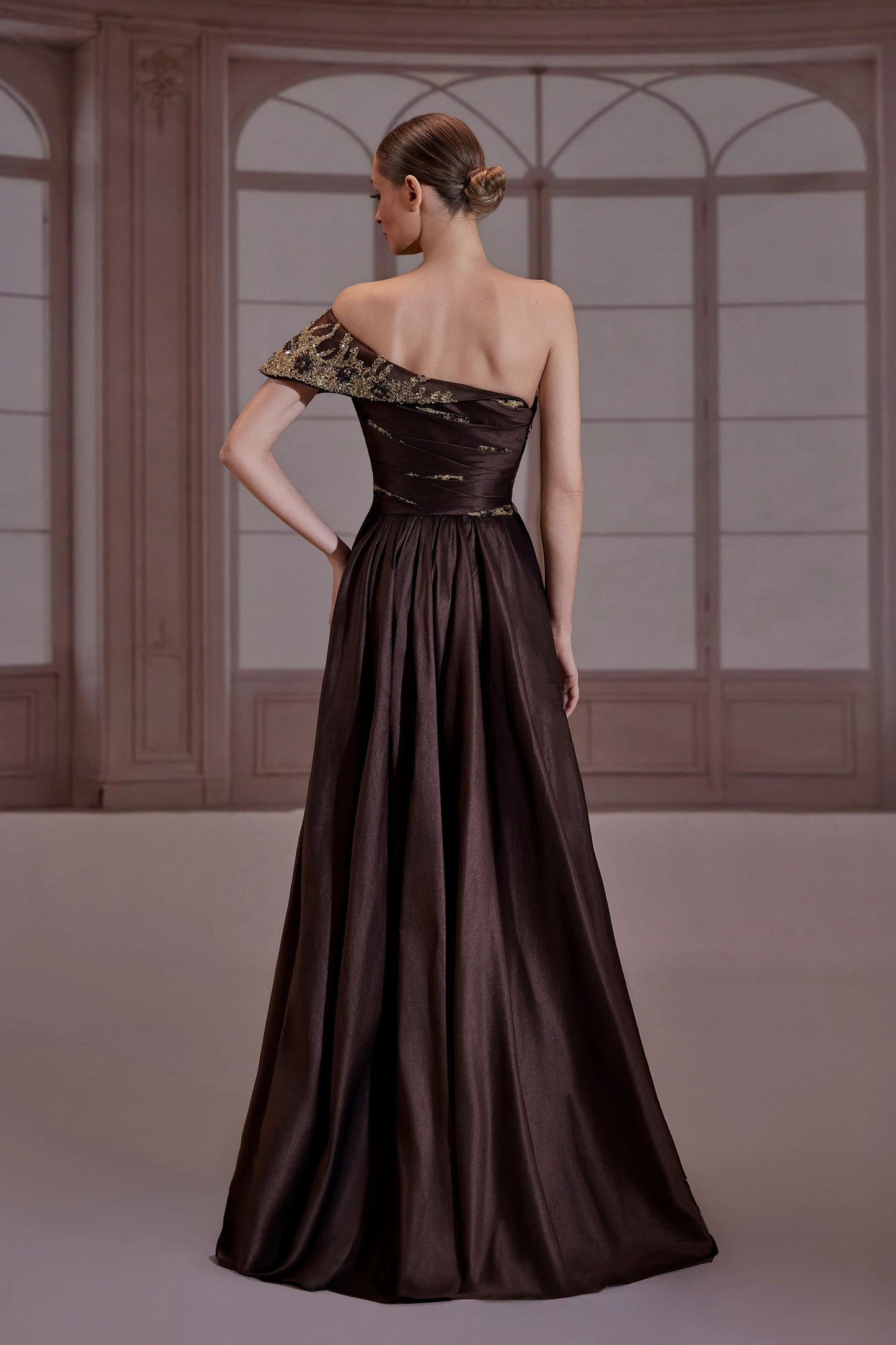 Brown Off Shoulder Taffeta Dress