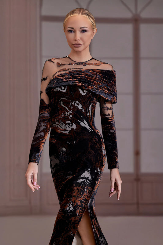 Black & Brown Illusion Velvet Dress