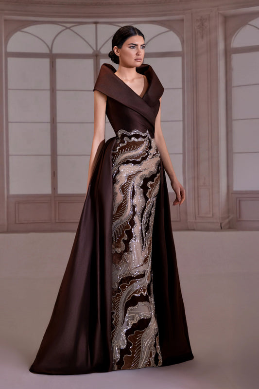 Brown Structured Taffeta Collar Dress