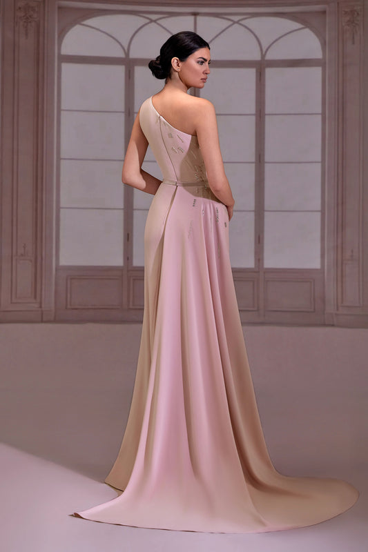 Pink One Shoulder Beaded Crepe Dress