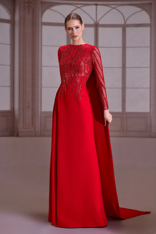 Red Long Beaded Sleeve Dress