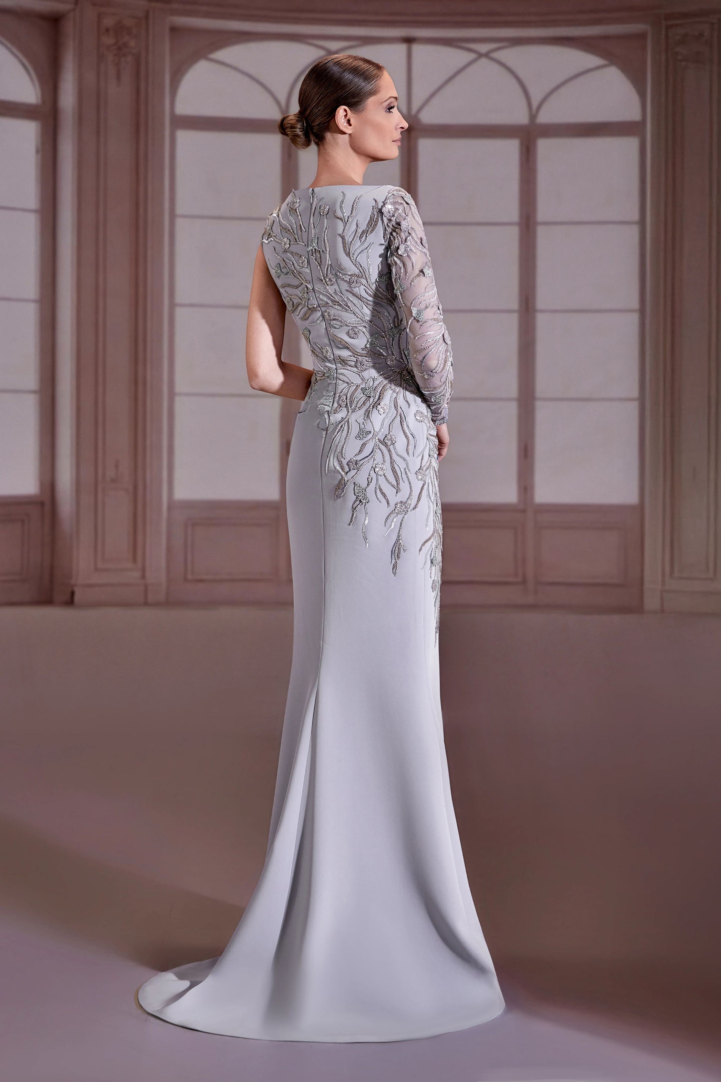 Silver Asymmetrical Sleeve Crepe Dress