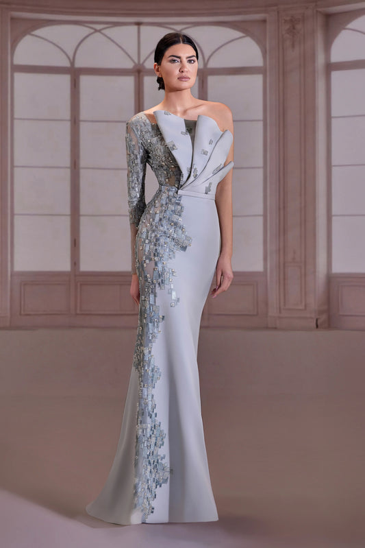 Silver Architectural Ruffle Crepe Dress