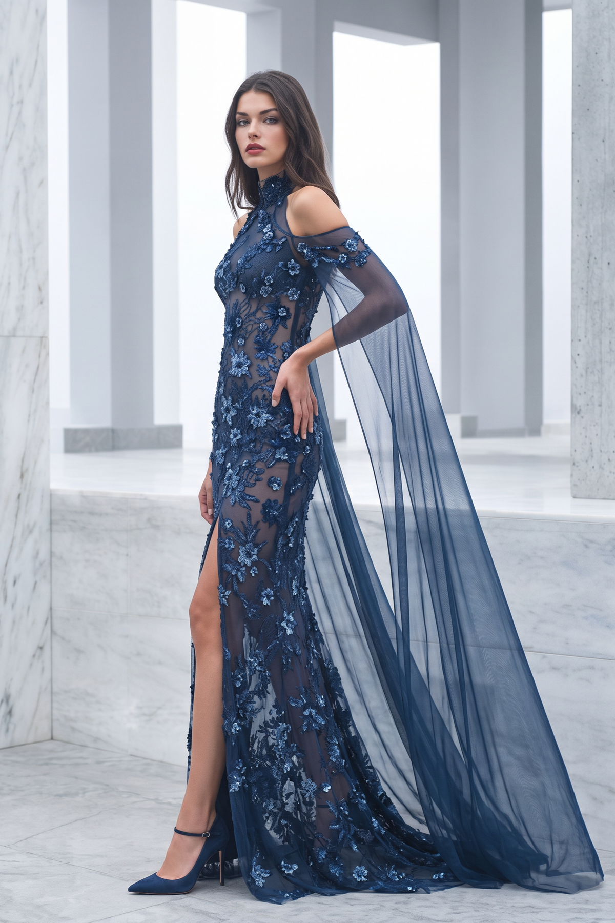 Vestido de noche con ilusión de escote al descubierto