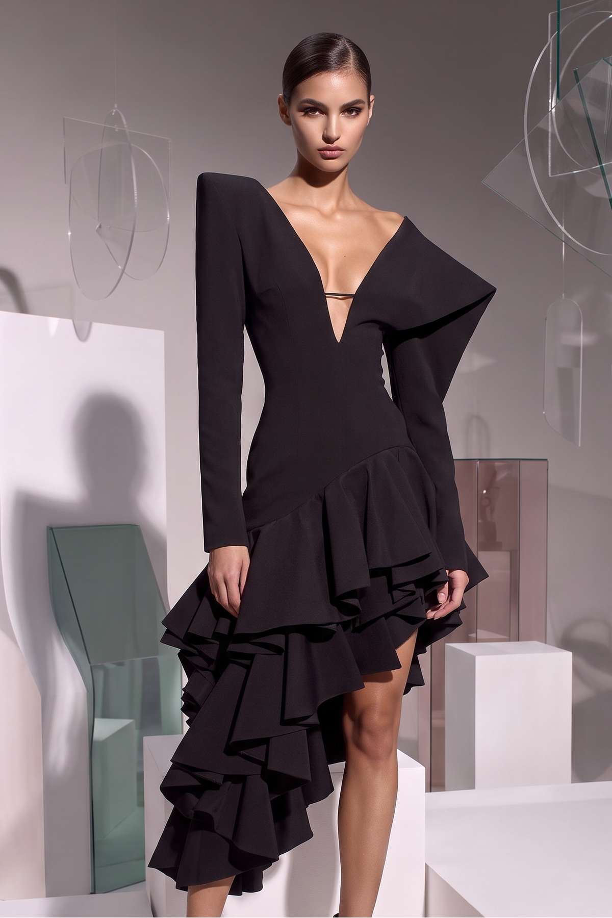 Long-Sleeve Asymmetric Ruffle Dress
