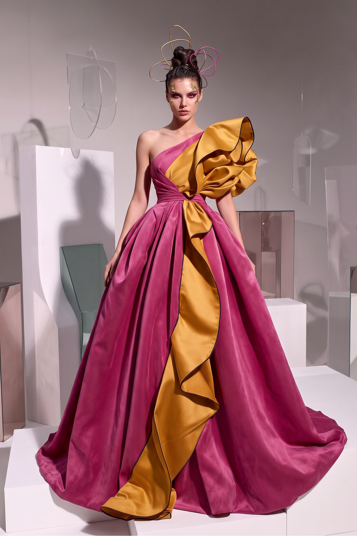One-Shoulder Rosette Ball Gown