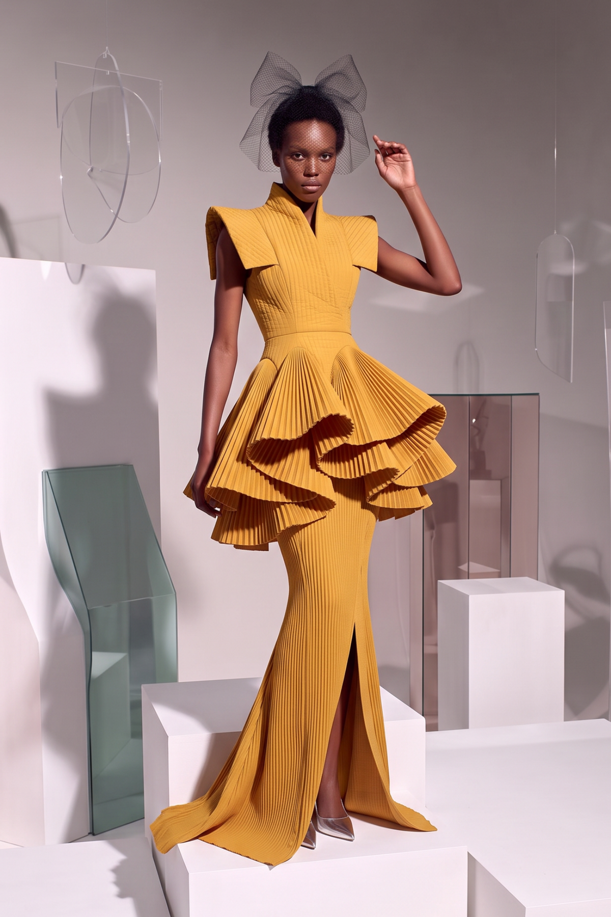 Cap-Sleeve Pleated Peplum Gown