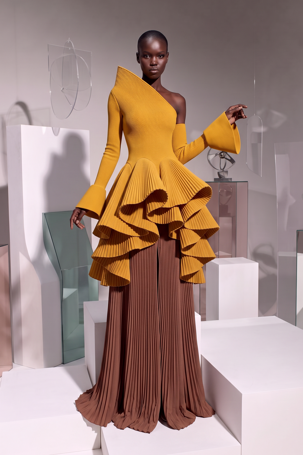 One-Shoulder Ruffle Peplum Gown