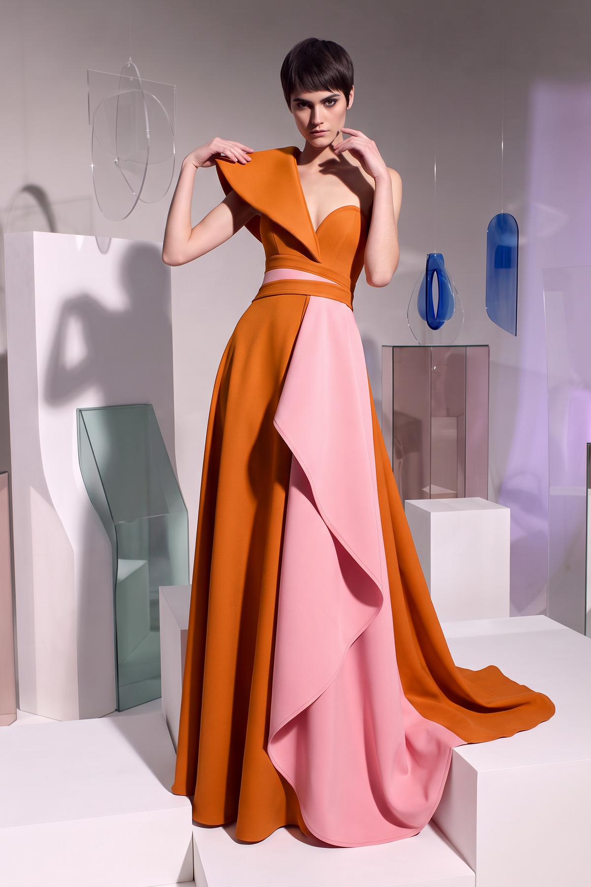 Folded-Collar Cutout Gown
