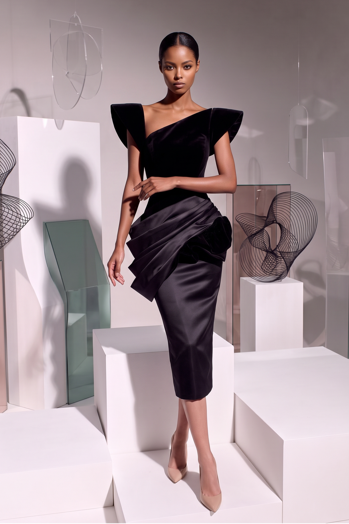 Velvet Draped Midi Dress