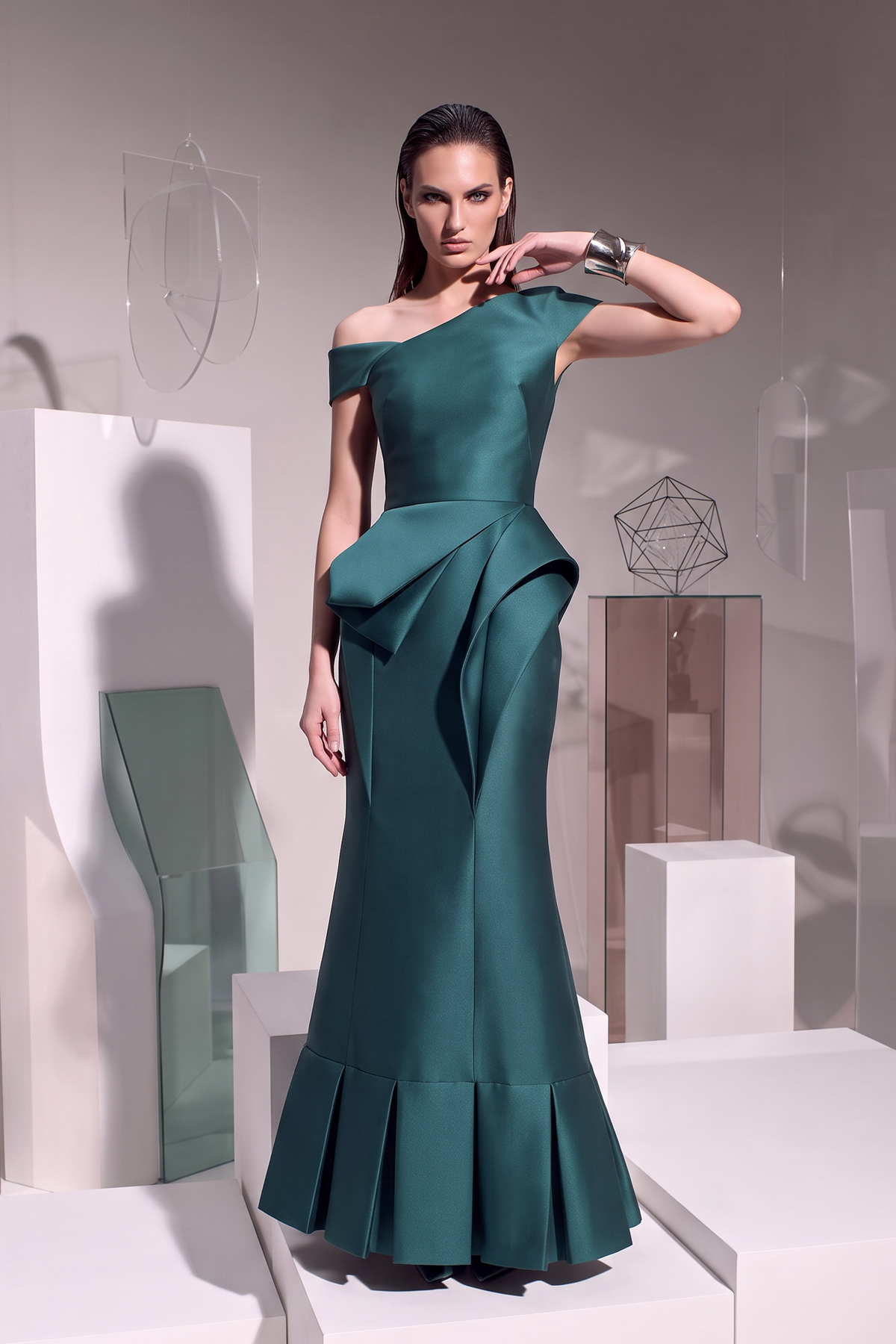 Asymmetric Draped Peplum Gown