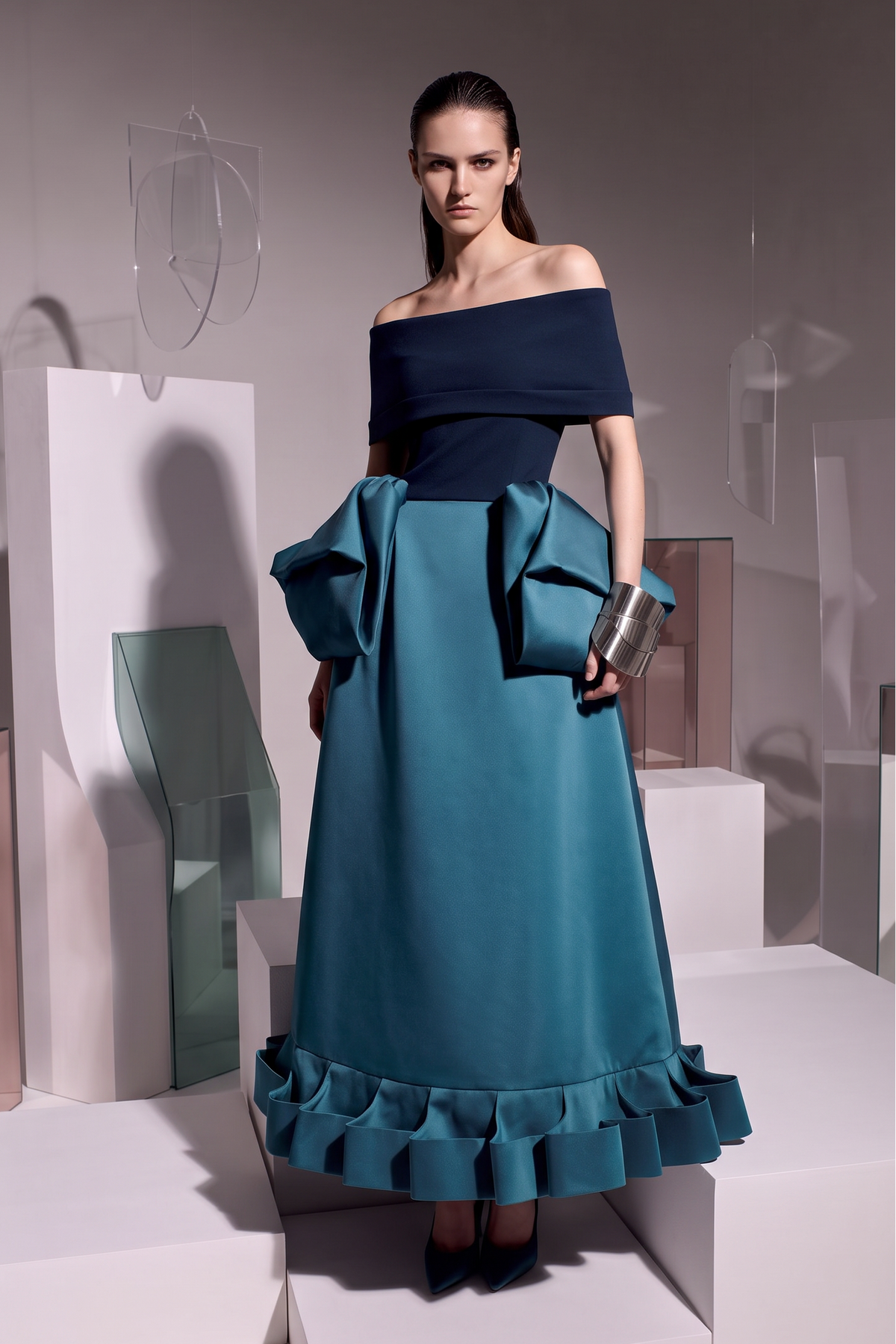 Off-Shoulder Ruffle-Hem Gown