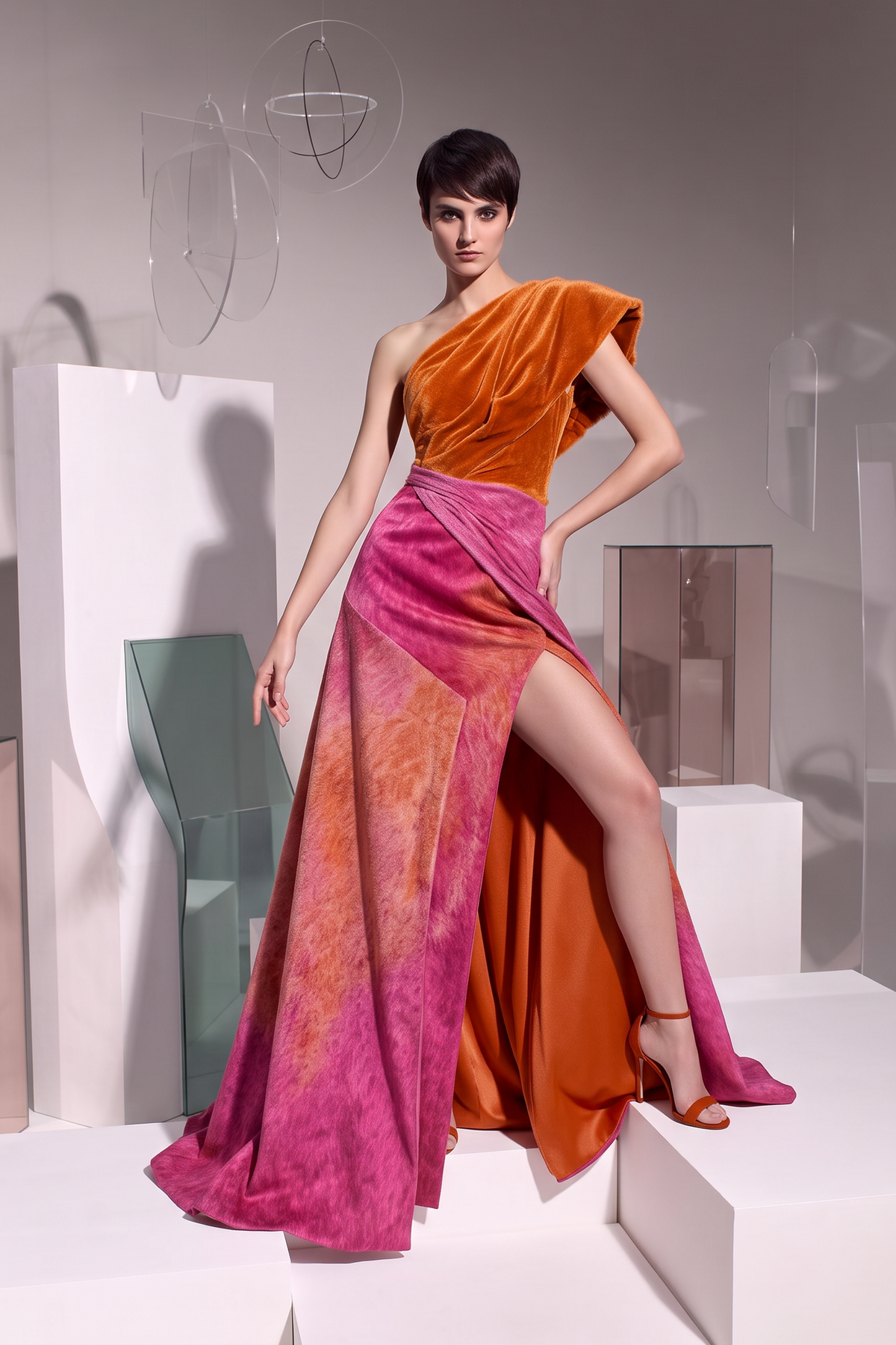 One-Shoulder Velvet Print Gown