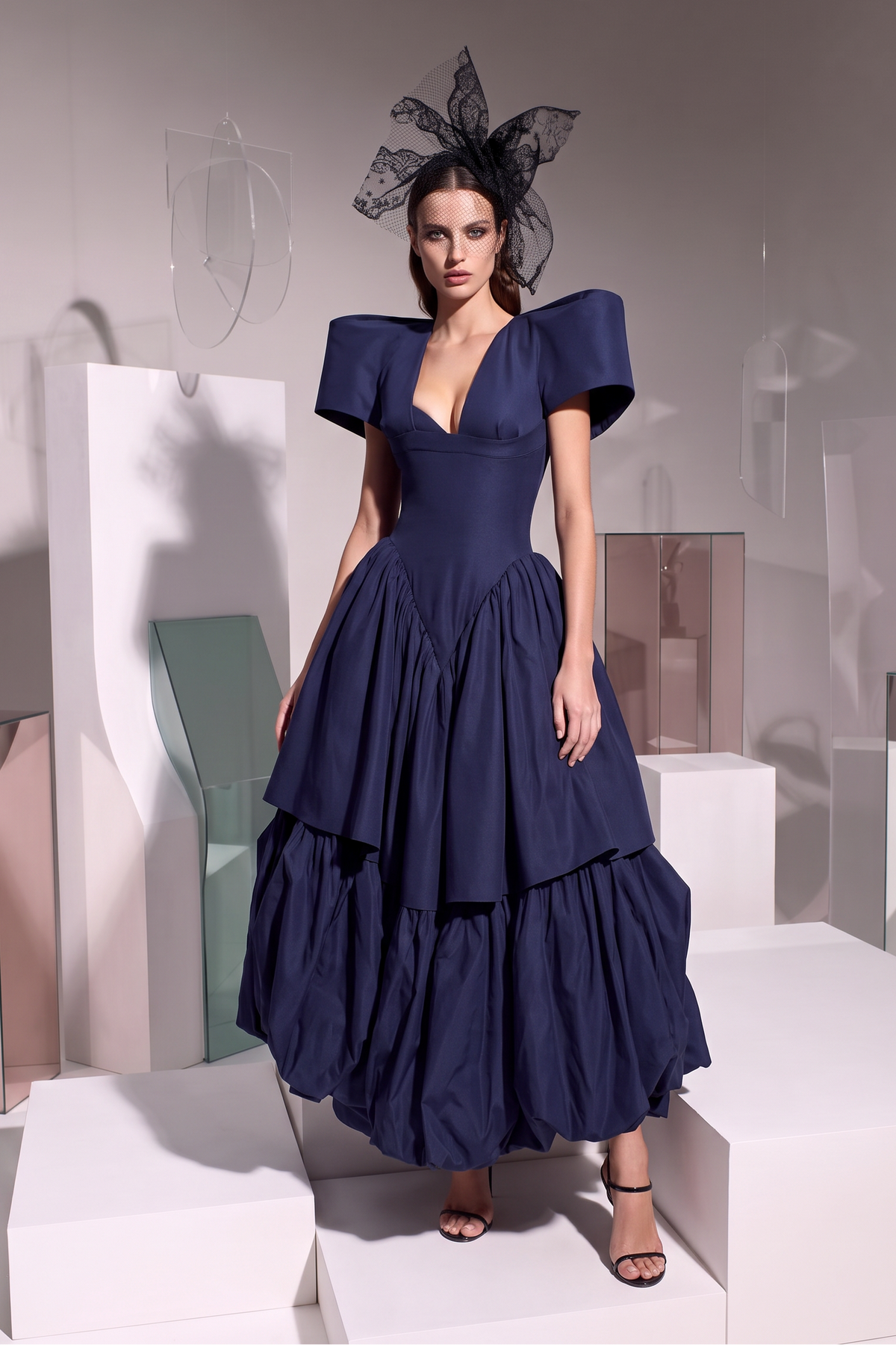 Puff-Sleeve Tiered Midi Dress