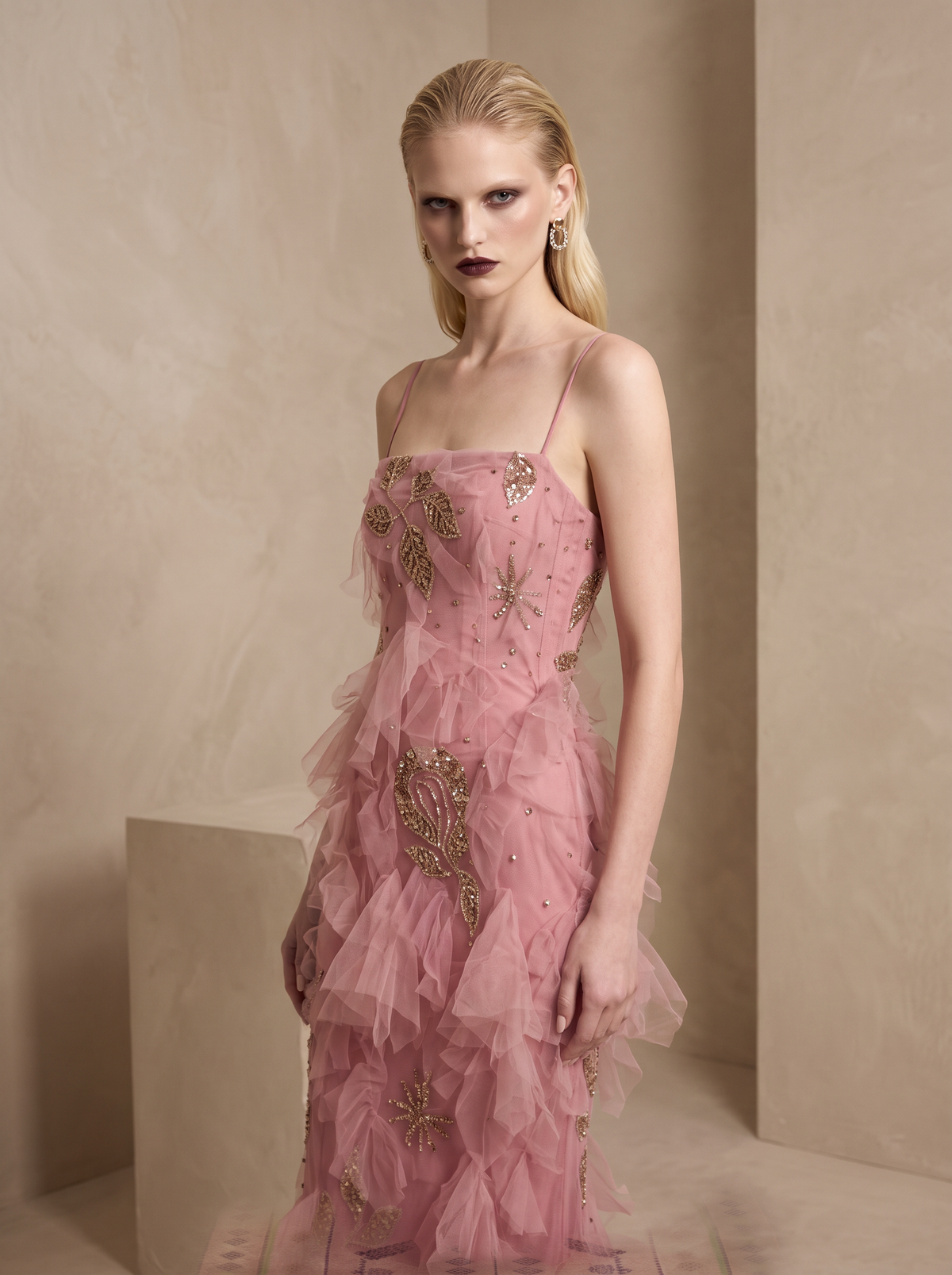 Sleeveless Ruffled Column Gown