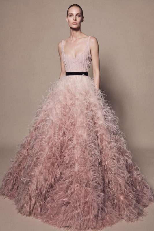 Sleeveless Blush Feather Ball Gown