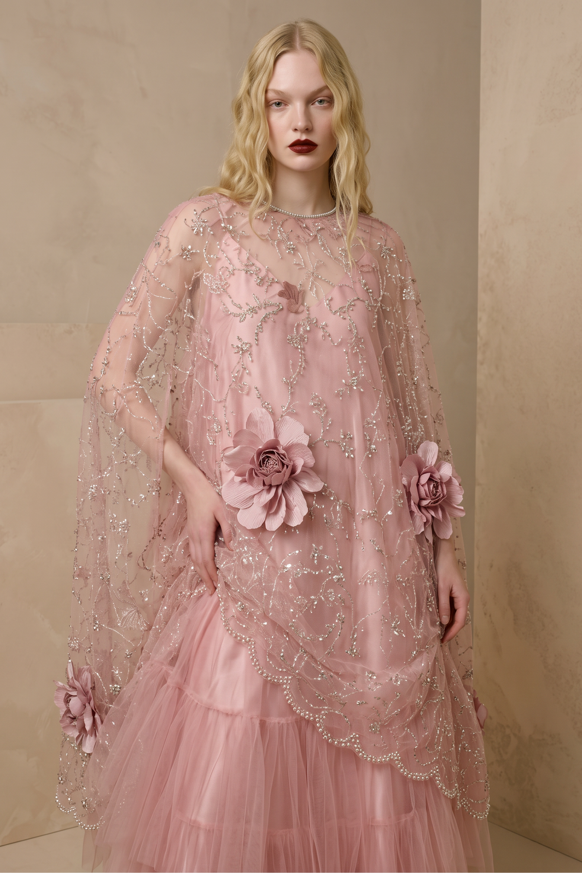 Floral Cape Sleeve A-Line Gown
