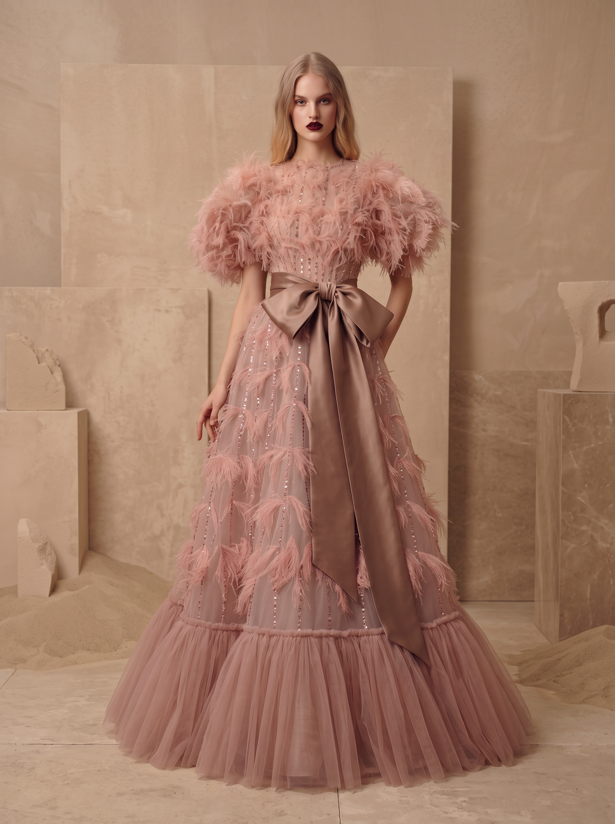 Feathered Puff Sleeve A-Line Gown