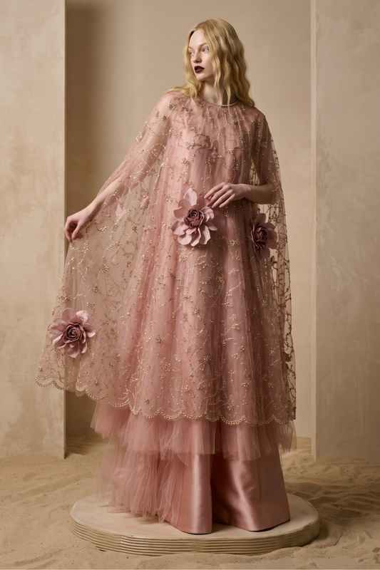 Floral Cape Sleeve A-Line Gown
