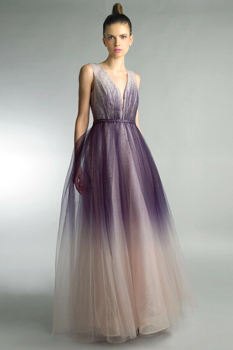 Pleated V-Neck Ombre Evening Gown