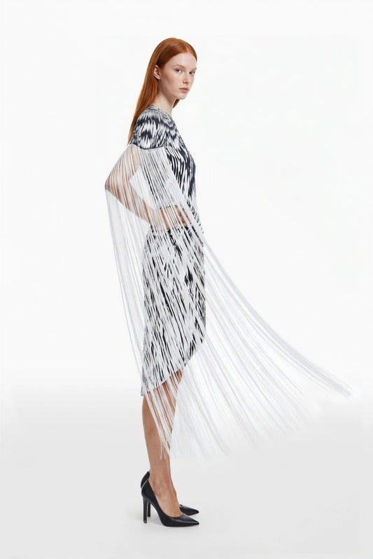 Printed Scuba Dress with Fringes