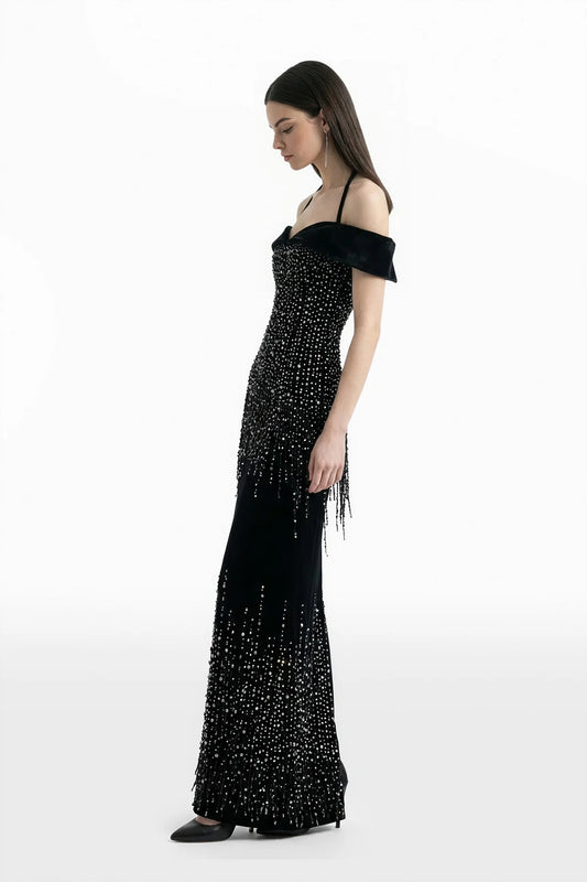 Off-Shoulder Velvet Embroidered Dress