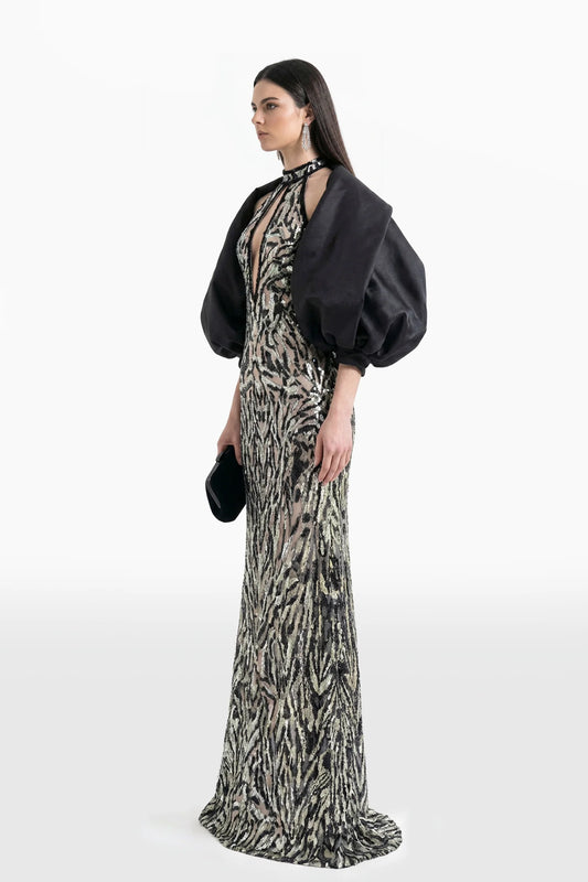Embroidered Halter Neck Long Dress with Bolero
