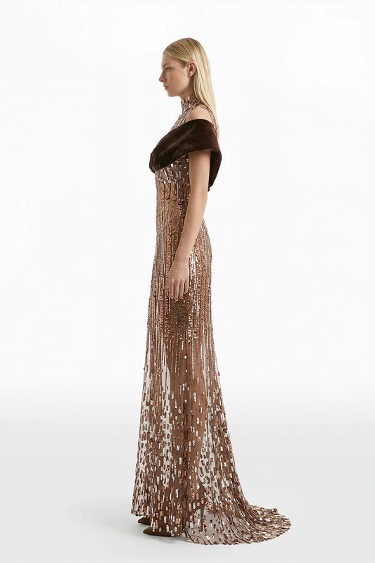 Embroidered Tulle Dress with Velvet Detail