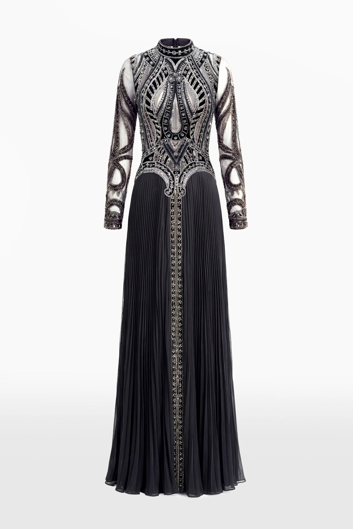 Embroidered Pleated Long Dress
