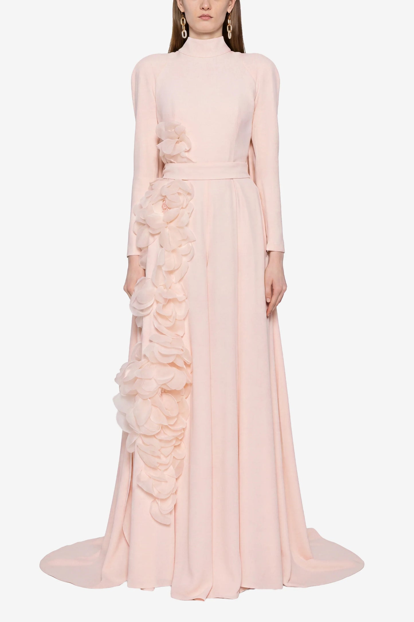 Crepe Kaftan Jumpsuit With Organza Flowers