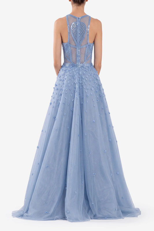 Tulle Beaded Gown with Halter Neckline