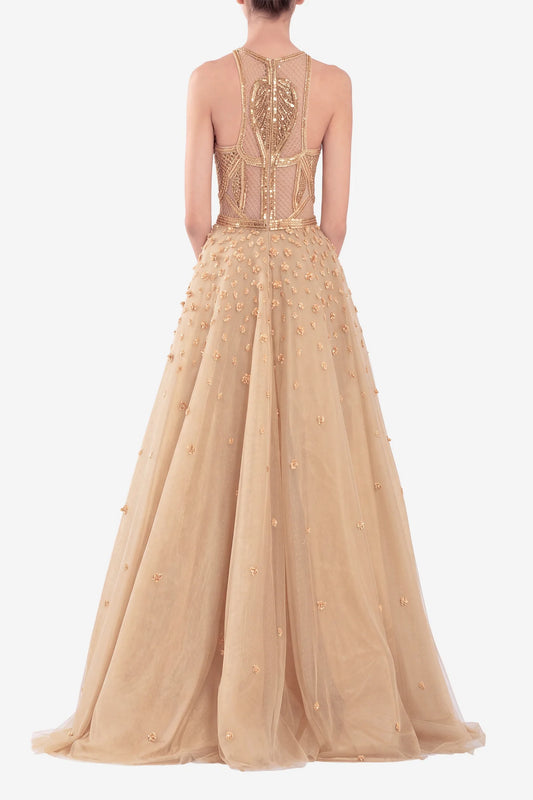 Tulle Beaded A-Line Gown with Halter Neckline