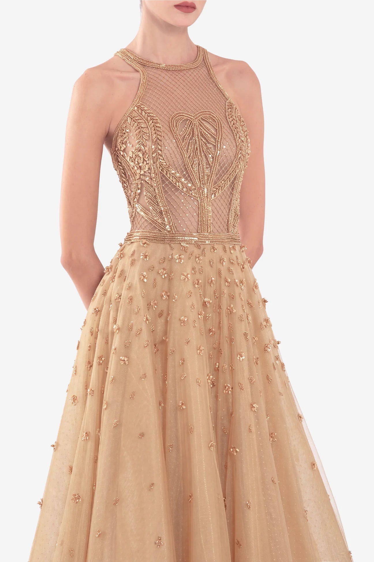 Tulle Beaded A-Line Gown with Halter Neckline
