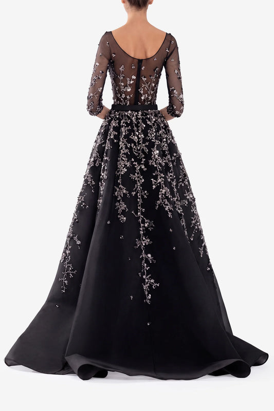 Tulle Beaded Quarter Sleeve Gown with Envelope Skirt and Overskirt
