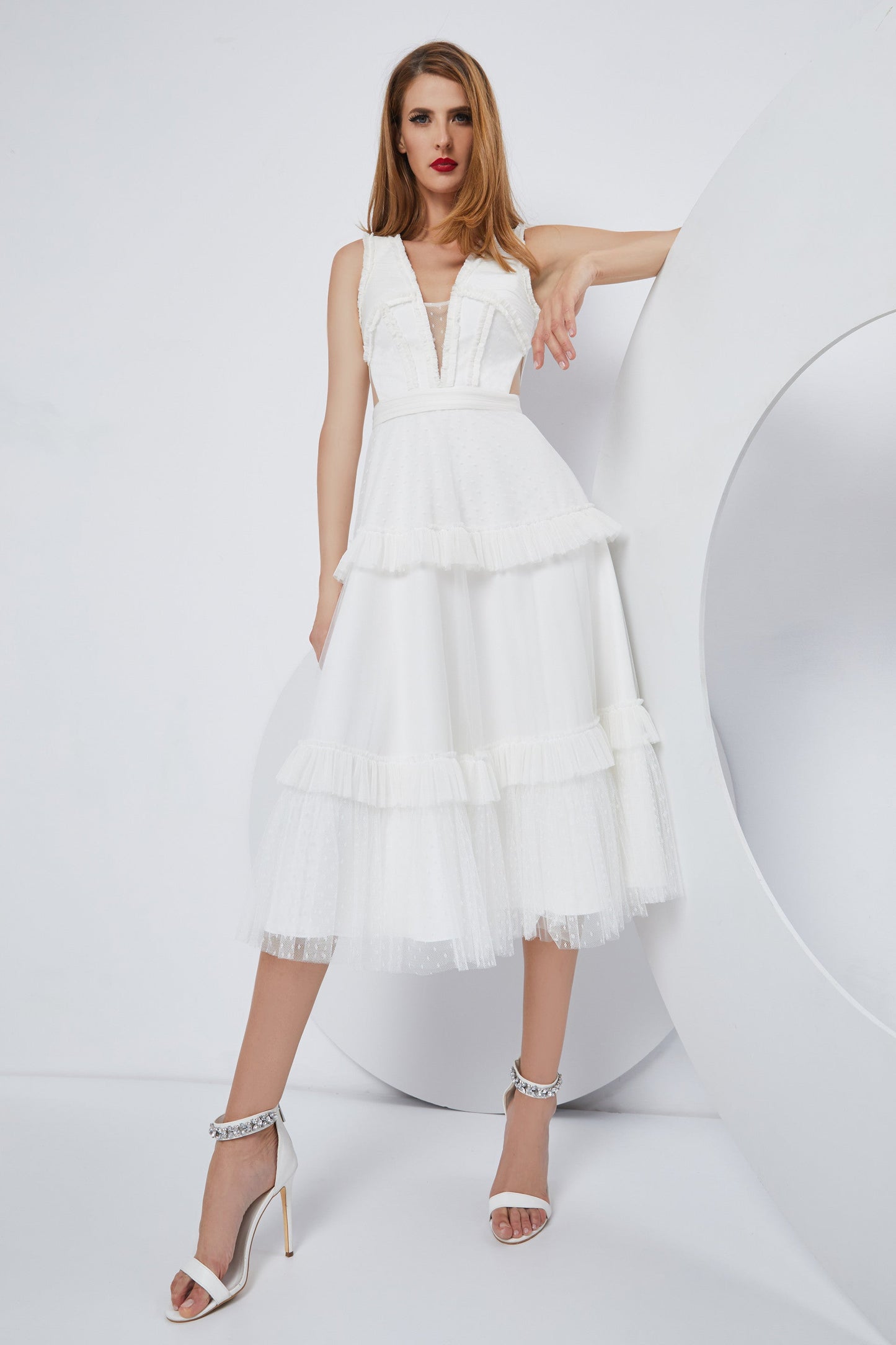 Sleeveless Deep V Neck A-Line Midi Dress